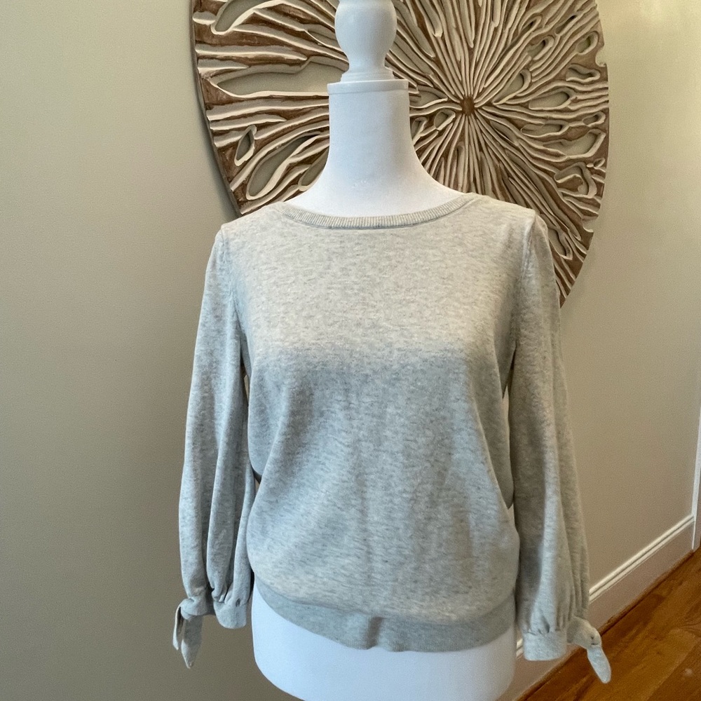 LOFT Light Gray Scoop Neck Tie-Sleeve Sweater